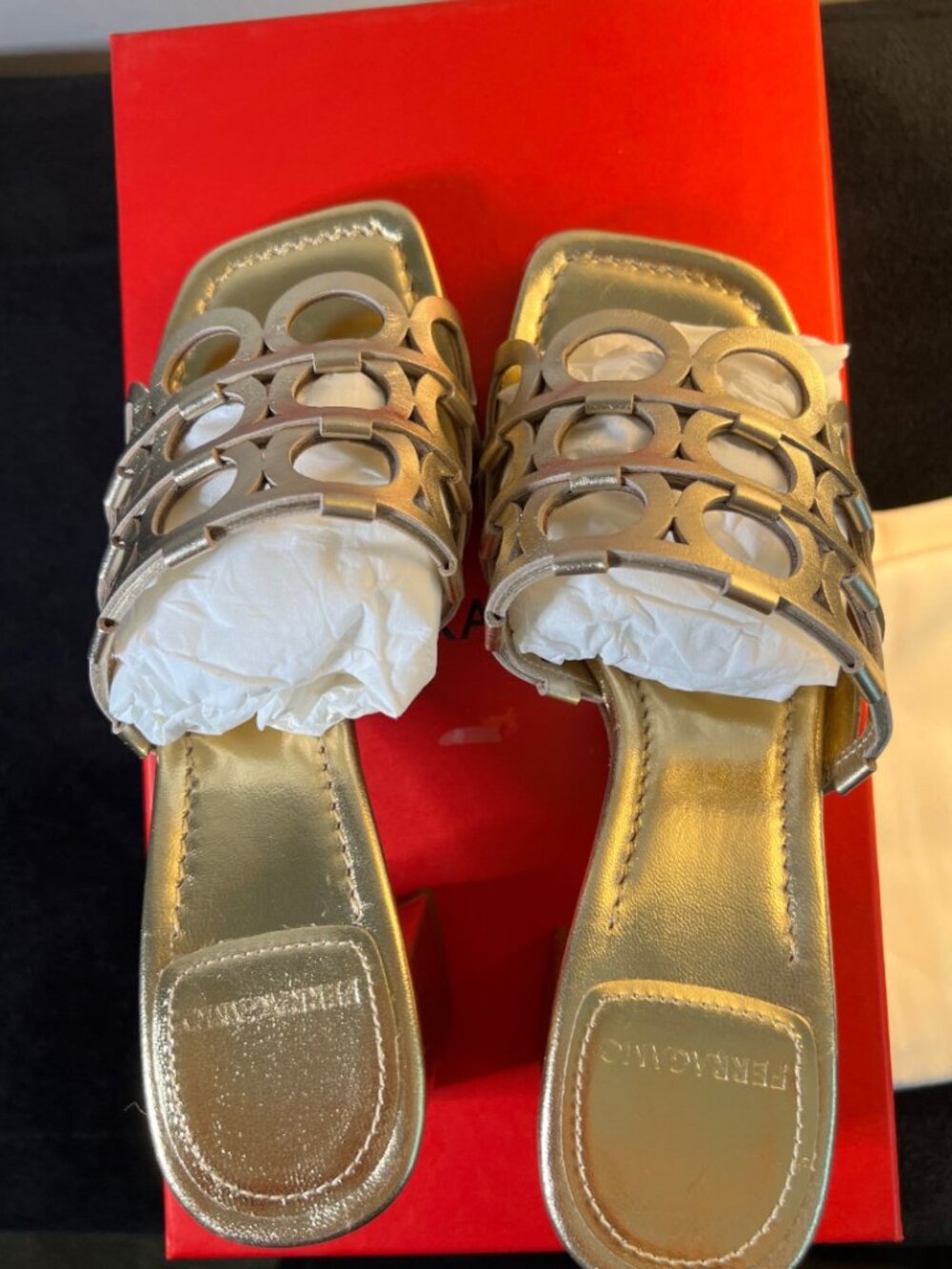 Ferragamo Erne 55 Metallic Gold Block Heel Slide Sandals NIB Size 6